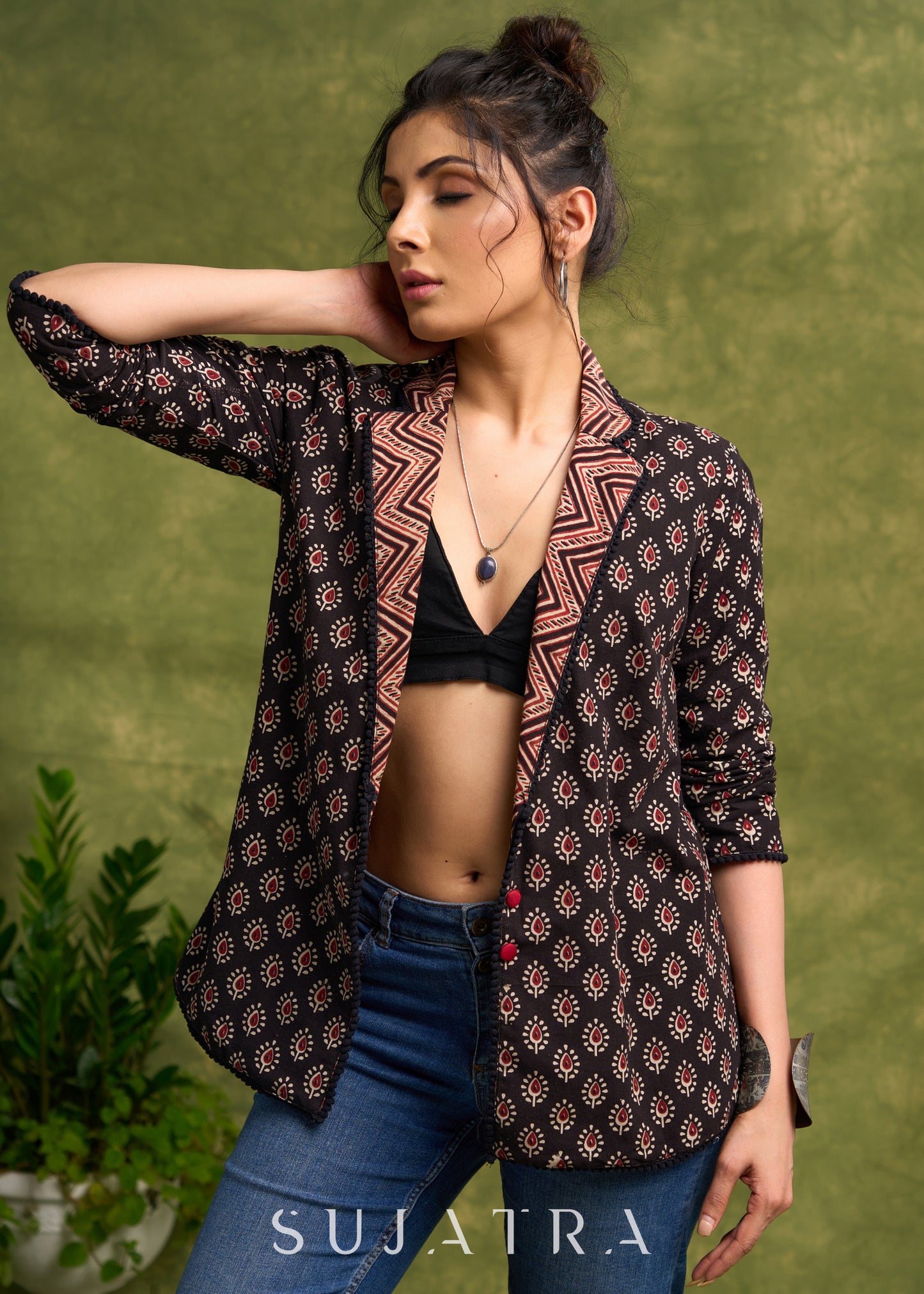 Block Printed Black Ajrakh Jacket Featuring Traditional Print And Contrasting Collar
