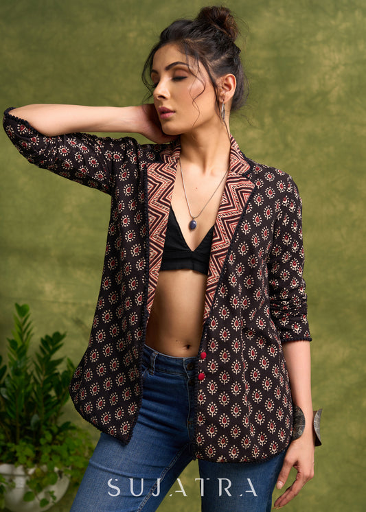 Block Printed Black Ajrakh Jacket Featuring Traditional Print And Contrasting Collar