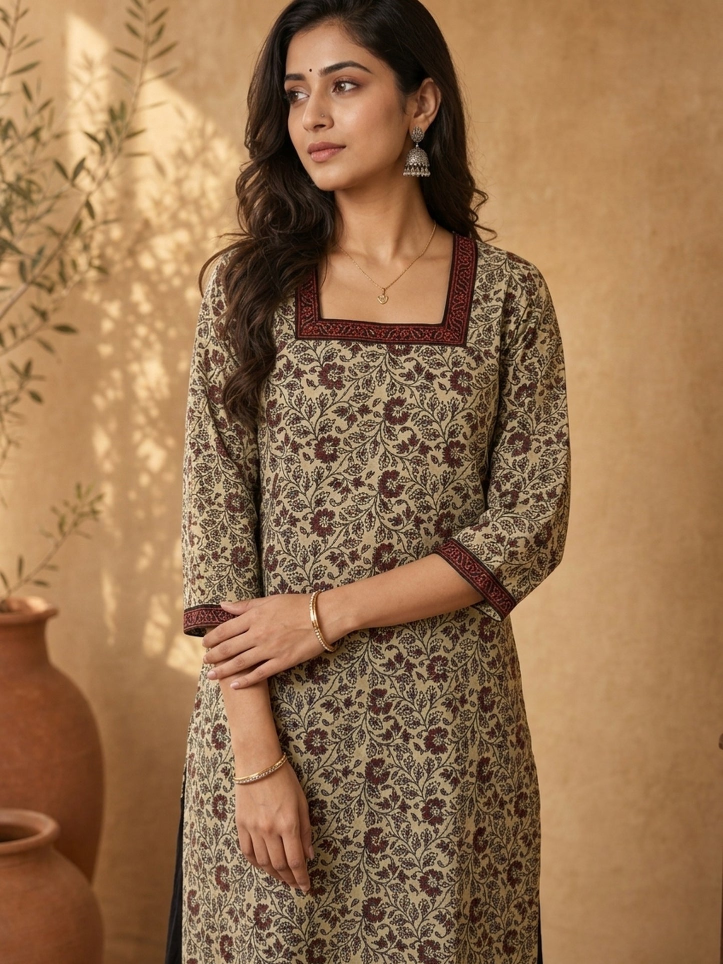 Cream Floral Print Kurta with Square Neckline & Ajrakh Border Accents