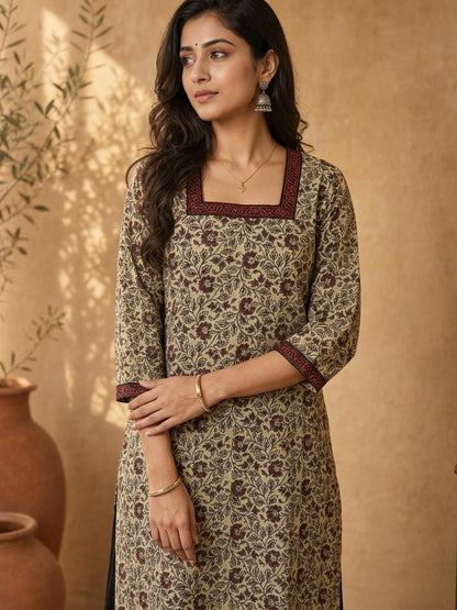 Cream Floral Print Kurta with Square Neckline & Ajrakh Border Accents