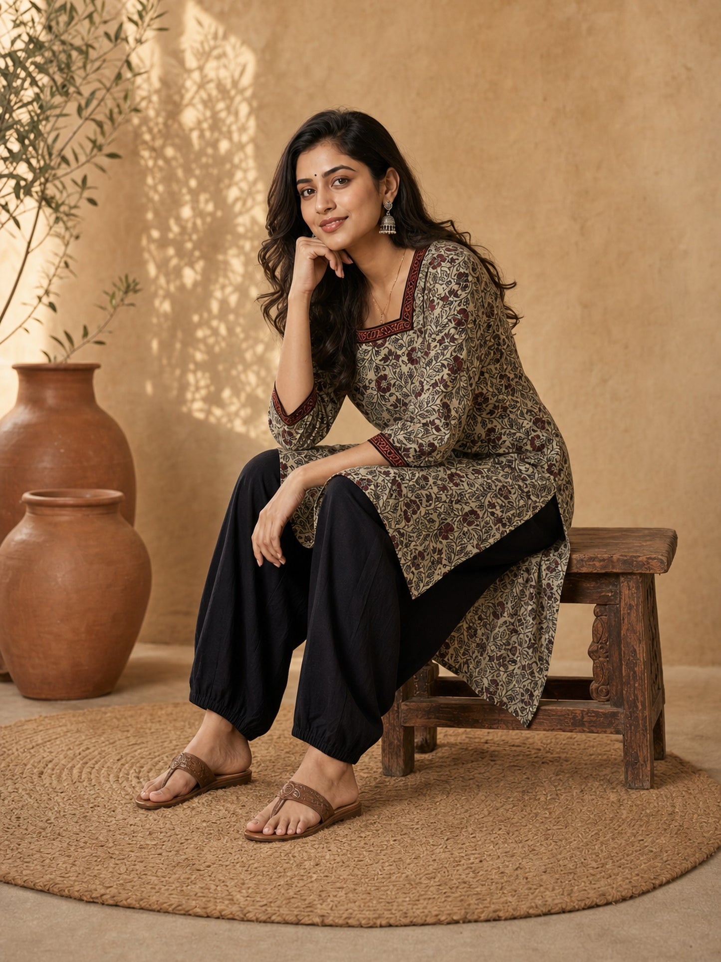 Cream Floral Print Kurta with Square Neckline & Ajrakh Border Accents