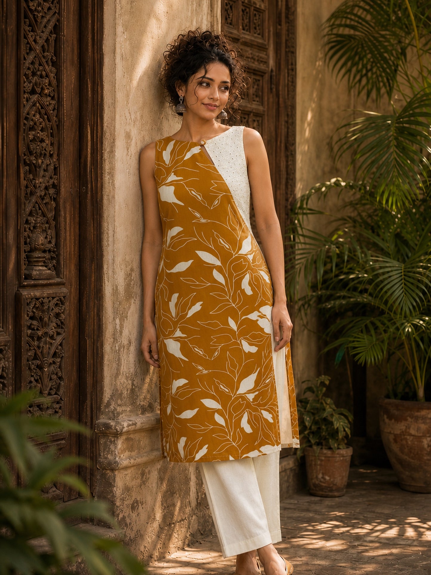 Vivid Mustard Rayon Printed Kurta with White Schiffli Asymmetric Panel