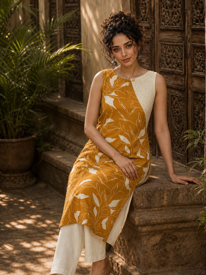 Vivid Mustard Rayon Printed Kurta with White Schiffli Asymmetric Panel