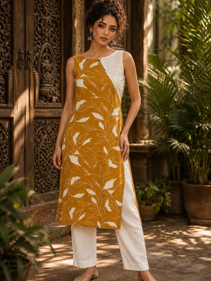 Vivid Mustard Rayon Printed Kurta with White Schiffli Asymmetric Panel