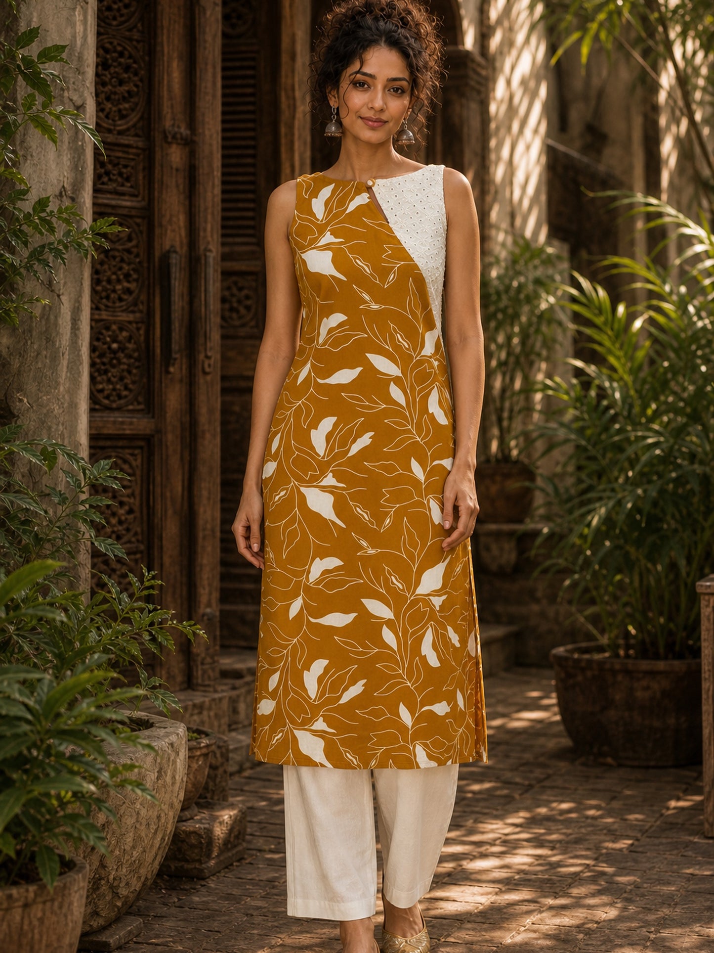 Vivid Mustard Rayon Printed Kurta with White Schiffli Asymmetric Panel