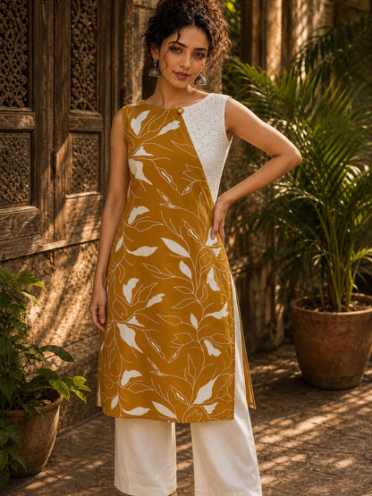 Vivid Mustard Rayon Printed Kurta with White Schiffli Asymmetric Panel