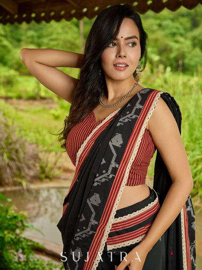 Heritage black cotton saree blending Jamdani-inspired weaves with Ajrakh elegance