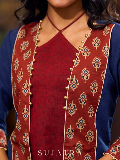 Sophisticated Blue Cotton Jacket Enhanced with Ajrakh Printed Accents and Minimal Embellishments - Pant optional