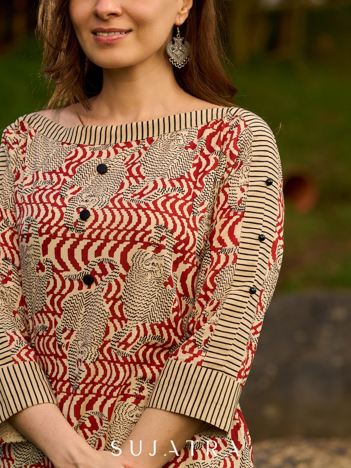 Dussehra Sale — Artisanal Ajrakh Print Kurta with Animal Motifs, Boat Neckline, and Striped Highlights - Pant Optional