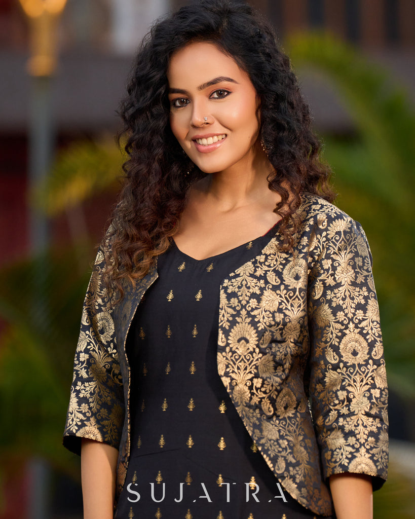 Regal Black & Golden Brocade Jacket Ensemble – with Optional Cotton Silk Butta Tunic & Cotton Silk Pants
