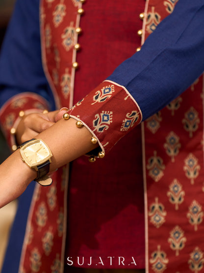 Sophisticated Blue Cotton Jacket Enhanced with Ajrakh Printed Accents and Minimal Embellishments - Pant optional