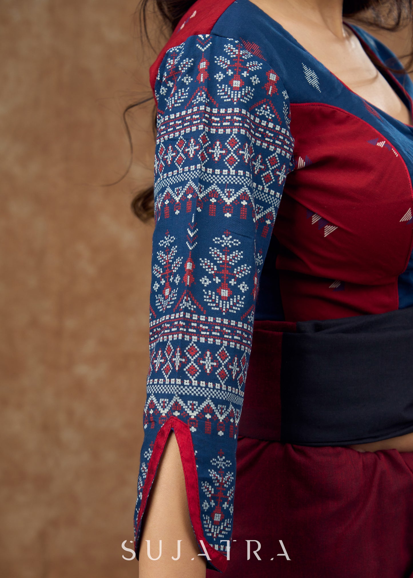 Princess cut navy blue & maroon printed blouse for timeless elegance