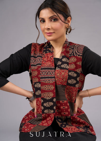 Sophisticated Black Cotton Dress with Frill Hem - Ajrakh patchwork jacket optional