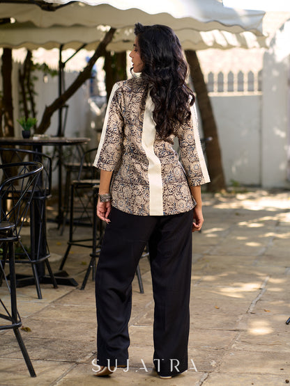Off-White Panelled Cotton Flex Shirt with Traditional Kalamkari Print Highlights