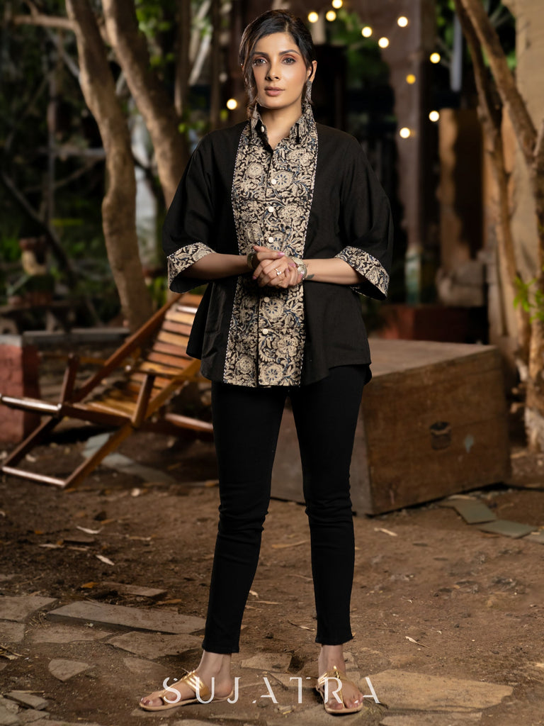 Black Cotton Shirt with Heritage Kalamkari Detailing & Graceful Kantha Embellishments