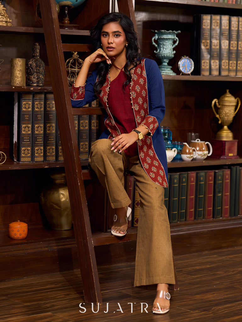 Sophisticated Blue Cotton Jacket Enhanced with Ajrakh Printed Accents and Minimal Embellishments