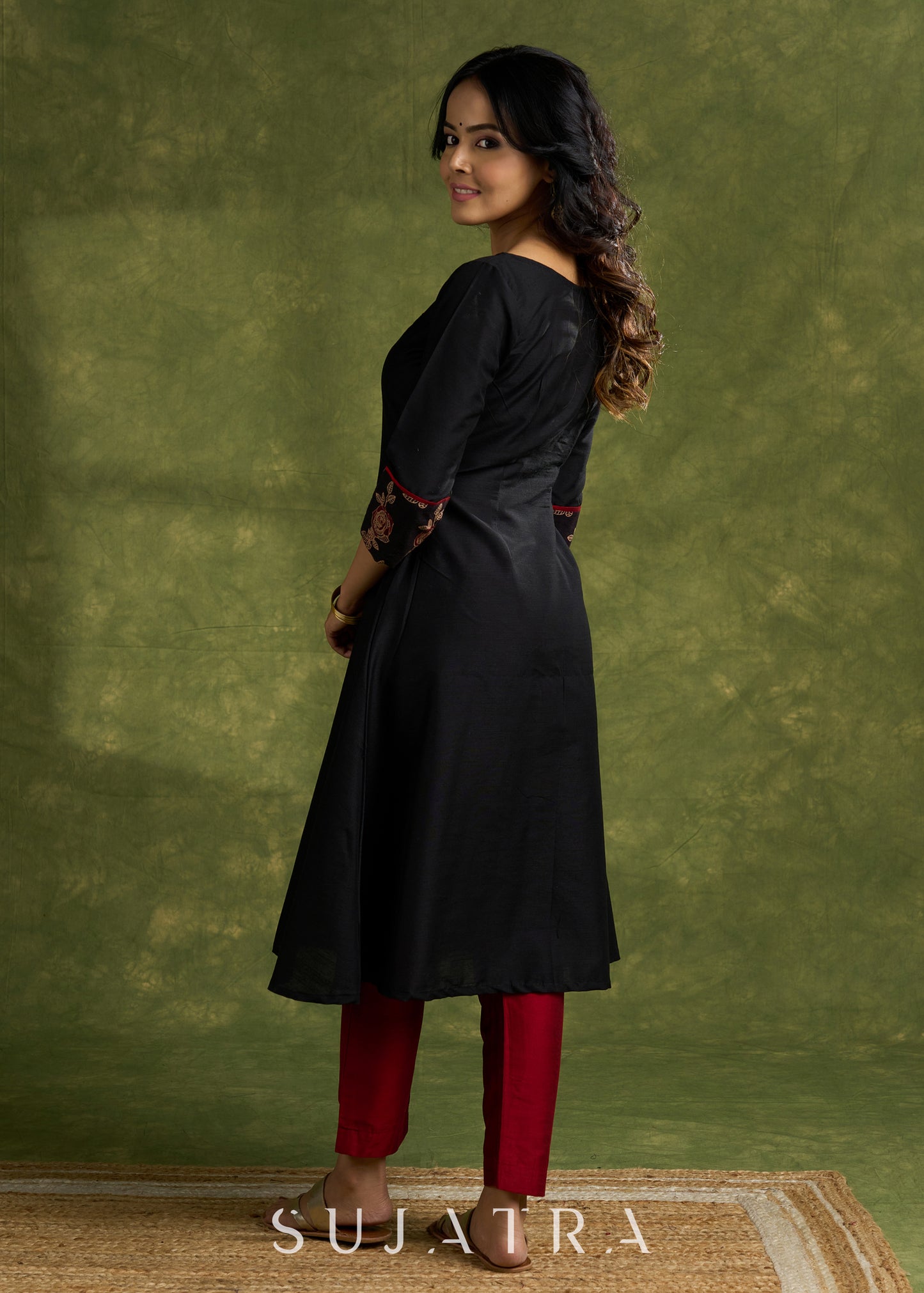 Classic Black Cotton Silk Kutch Mirror Work Kurta - Pant Optional