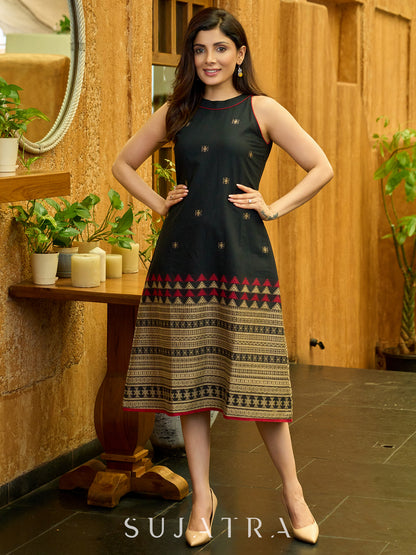 Sleek Black Jamdani Weave Halter Neck Dress with Subtle Detailing