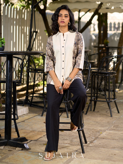 Off-White Panelled Cotton Flex Shirt with Traditional Kalamkari Print Highlights