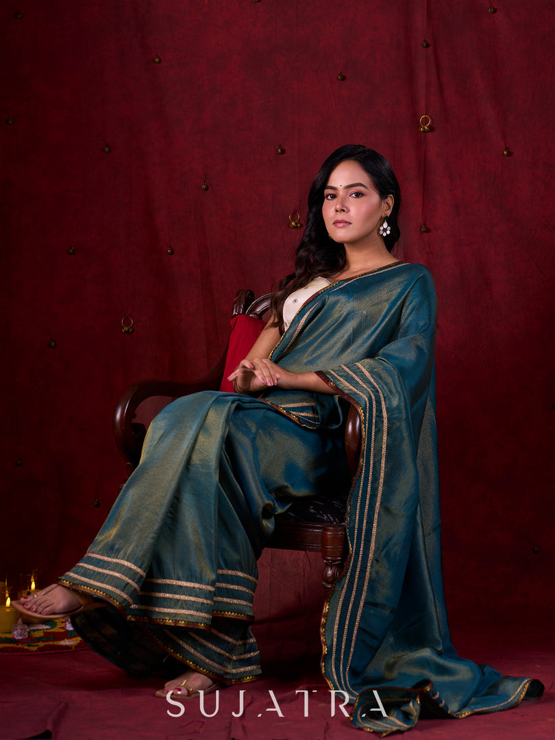 Teal Blue Tissue Saree with Zari Border & Minimal Detailing - Blouse & Fabric Optional