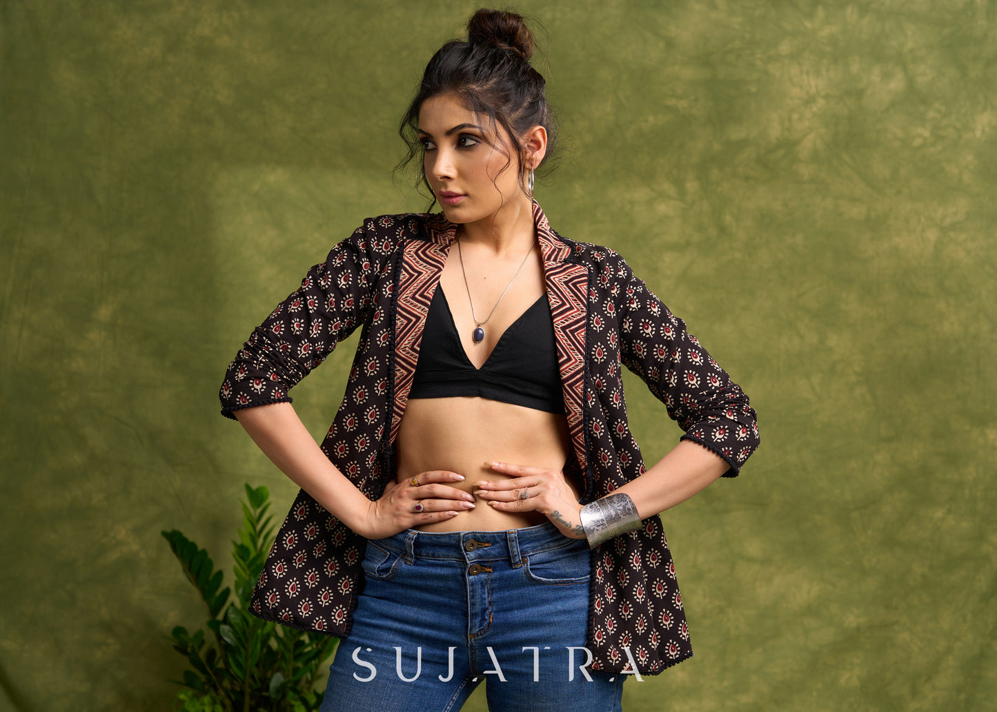 Block Printed Black Ajrakh Jacket Featuring Traditional Print And Contrasting Collar