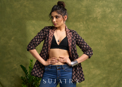 Block Printed Black Ajrakh Jacket Featuring Traditional Print And Contrasting Collar