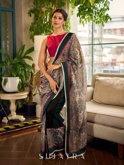 Regal Bottle Green Georgette Saree with Artistic Kalamkari Printed Pallu & Delicate Gold Lace Border