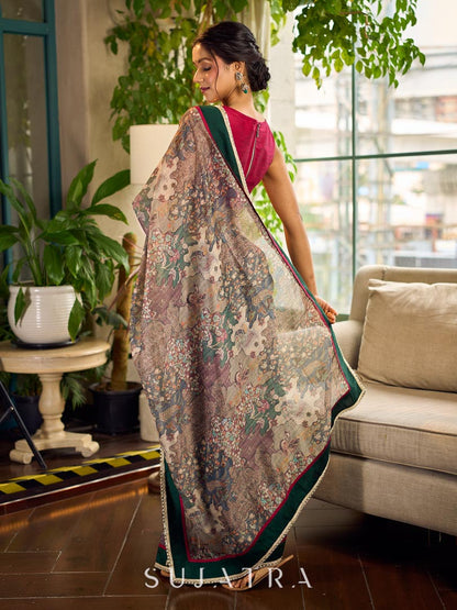 Regal Bottle Green Georgette Saree with Artistic Kalamkari Printed Pallu & Delicate Gold Lace Border