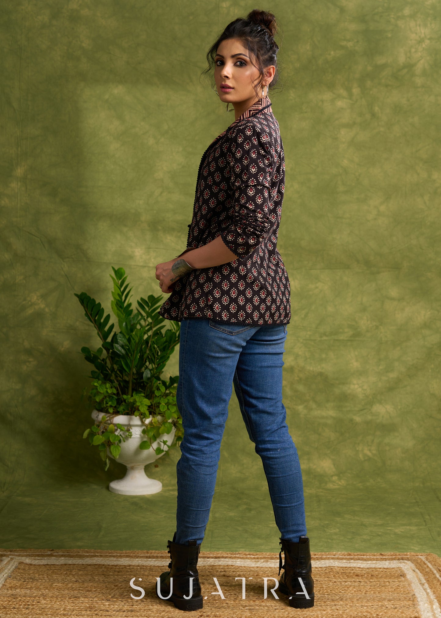 Block Printed Black Ajrakh Jacket Featuring Traditional Print And Contrasting Collar