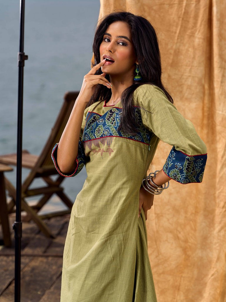 Sage Green Cotton A Line Dress with Contrast Ajrakh Yoke and Cuff Detailing featuring Hand Painting
