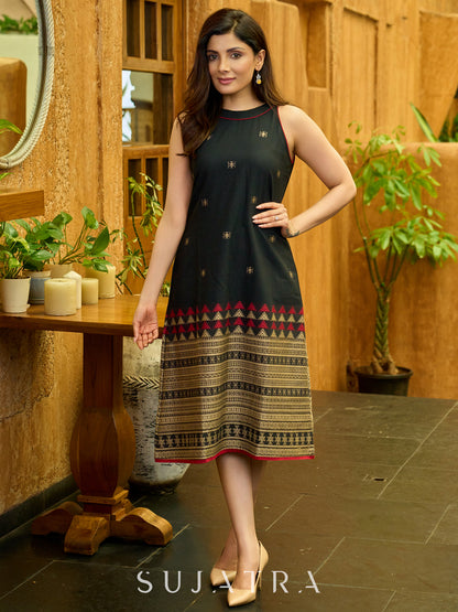 Sleek Black Jamdani Weave Halter Neck Dress with Subtle Detailing