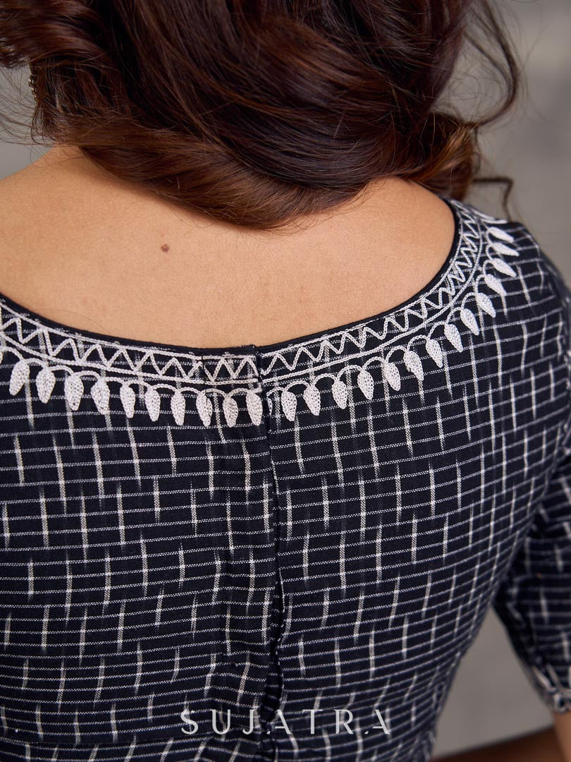 Black and White Ikat Cotton Blouse with Embroidered Neckline and Sleeves