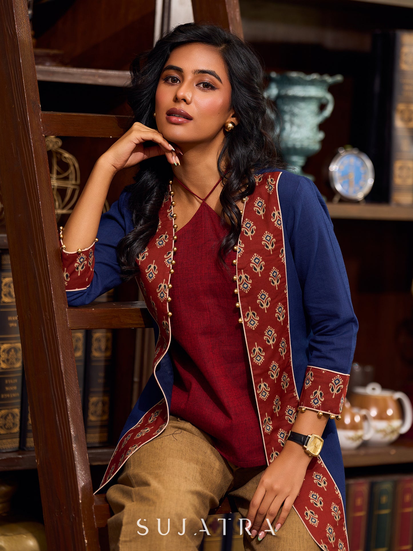 Sophisticated Blue Cotton Jacket Enhanced with Ajrakh Printed Accents and Minimal Embellishments - Pant optional