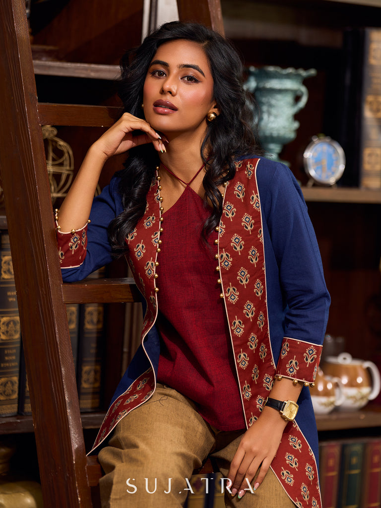 Sophisticated Blue Cotton Jacket Enhanced with Ajrakh Printed Accents and Minimal Embellishments