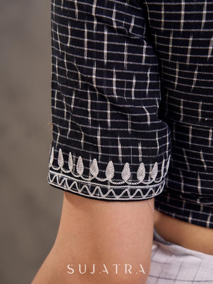 Black and White Ikat Cotton Blouse with Embroidered Neckline and Sleeves