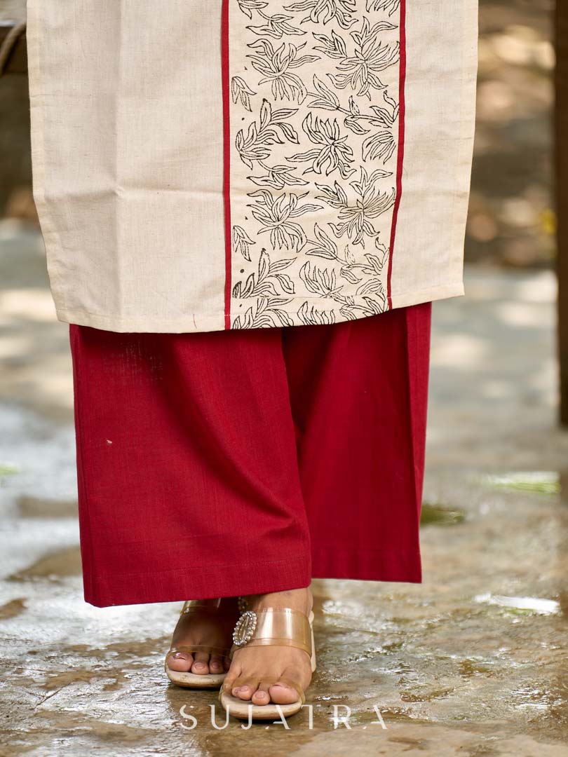 Refined Off-White Cotton Flex Kurta with Statement Floral Panel Hand Block Print and Maroon Accents