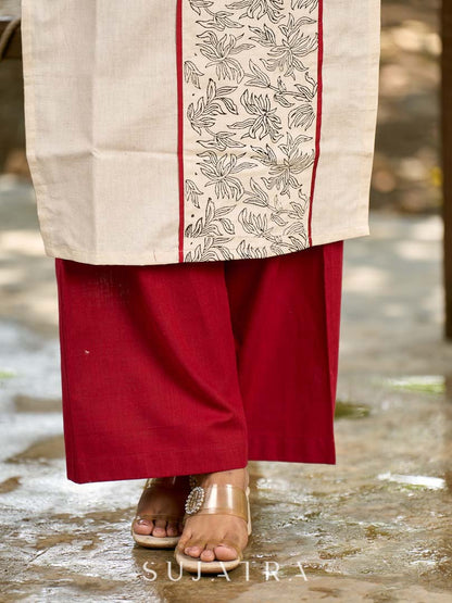 Refined Off-White Cotton Flex Kurta with Statement Floral Panel Hand Block Print and Maroon Accents
