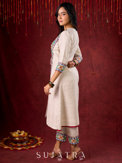 Ivory Handloom Jacket-Style Kurta with Hand Painted Madhubani & Gond Detailing