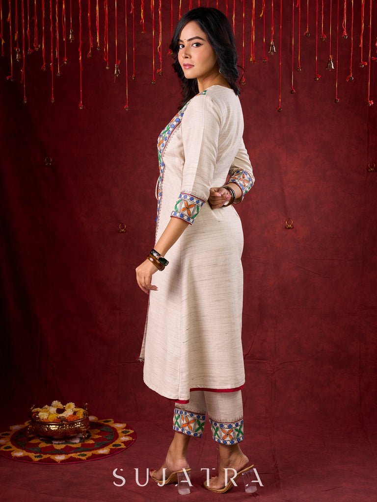 Ivory Handloom Jacket-Style Kurta with Hand Painted Madhubani & Gond Detailing