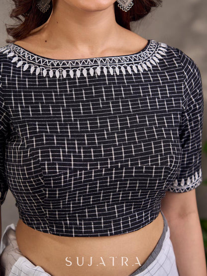 Black and White Ikat Cotton Blouse with Embroidered Neckline and Sleeves