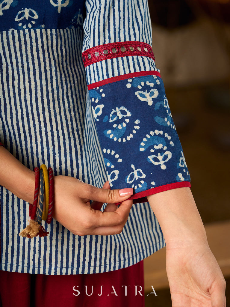 Indigo Cotton Top With Maroon Placket Detailed With Cowrie And Tassels, Finished with Collared Neckline