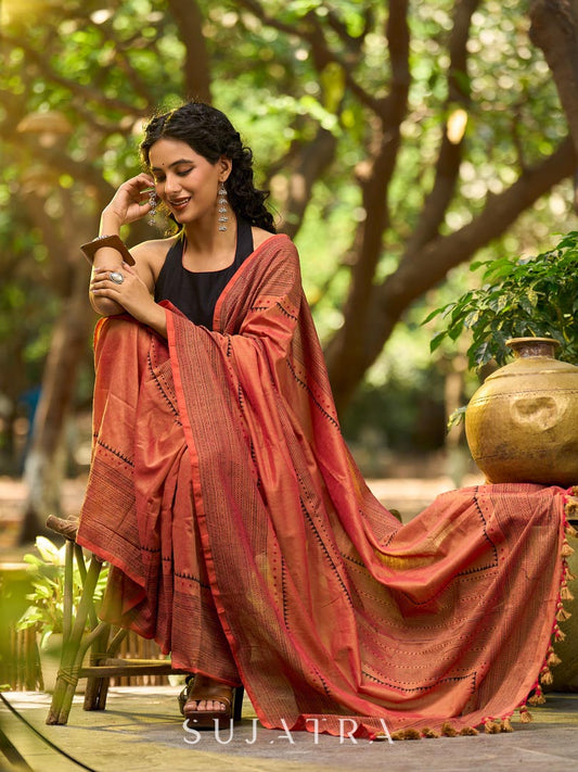 Contemporary Rust Cotton Saree with Traditional Hand Block Print Borders