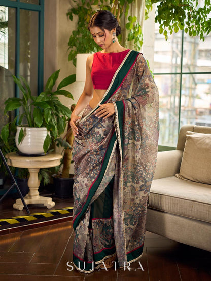 Regal Bottle Green Georgette Saree with Artistic Kalamkari Printed Pallu & Delicate Gold Lace Border
