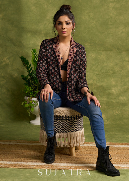 Block Printed Black Ajrakh Jacket Featuring Traditional Print And Contrasting Collar