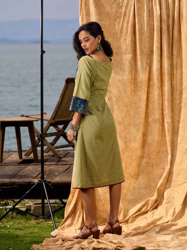 Sage Green Cotton A Line Dress with Contrast Ajrakh Yoke and Cuff Detailing featuring Hand Painting