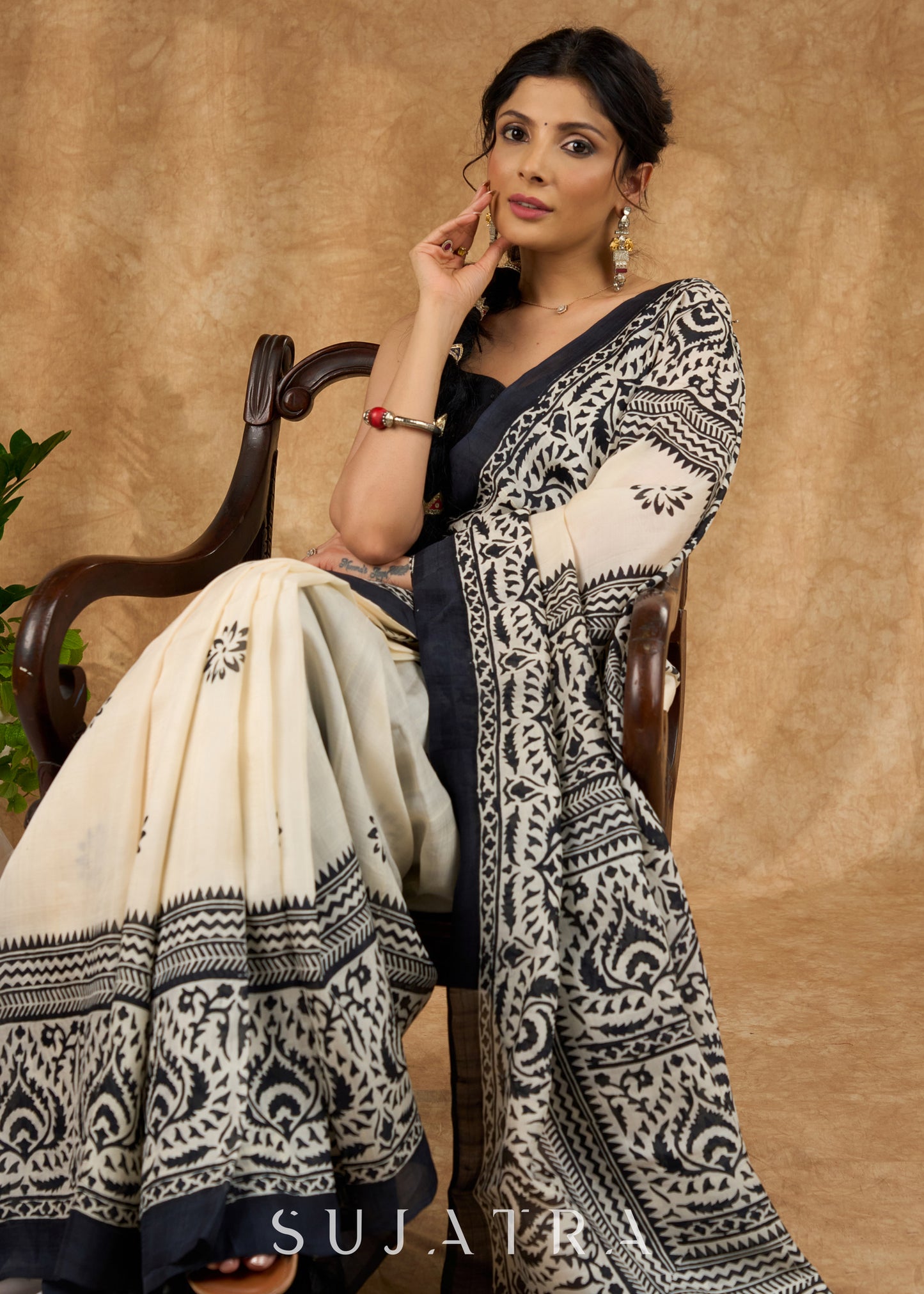 Elegant Off White Pure Silk Hand Block Printed Saree