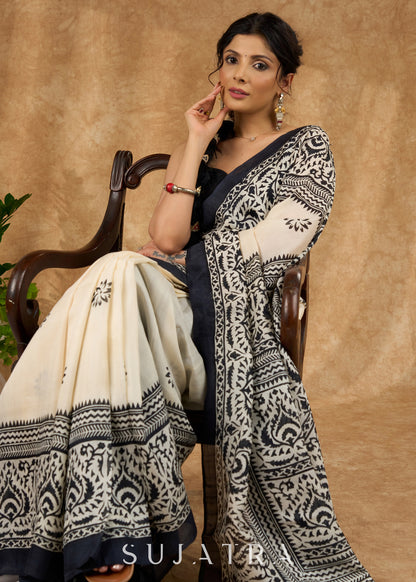 Elegant Off White Pure Silk Hand Block Printed Saree