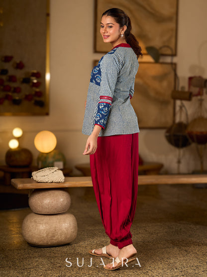 Indigo Cotton Top With Maroon Placket Detailed With Cowrie And Tassels, Finished with Collared Neckline