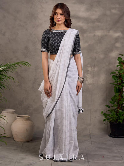 Pure White Cotton Checkered Saree