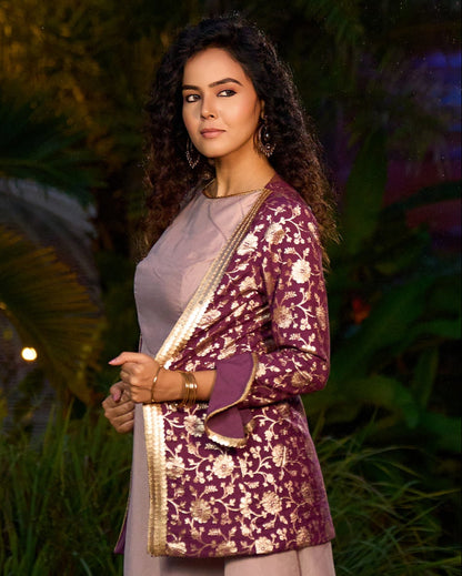 Contemporary Purple Banarasi Jacket with Statement Ruffle Sleeves - Dress Optional